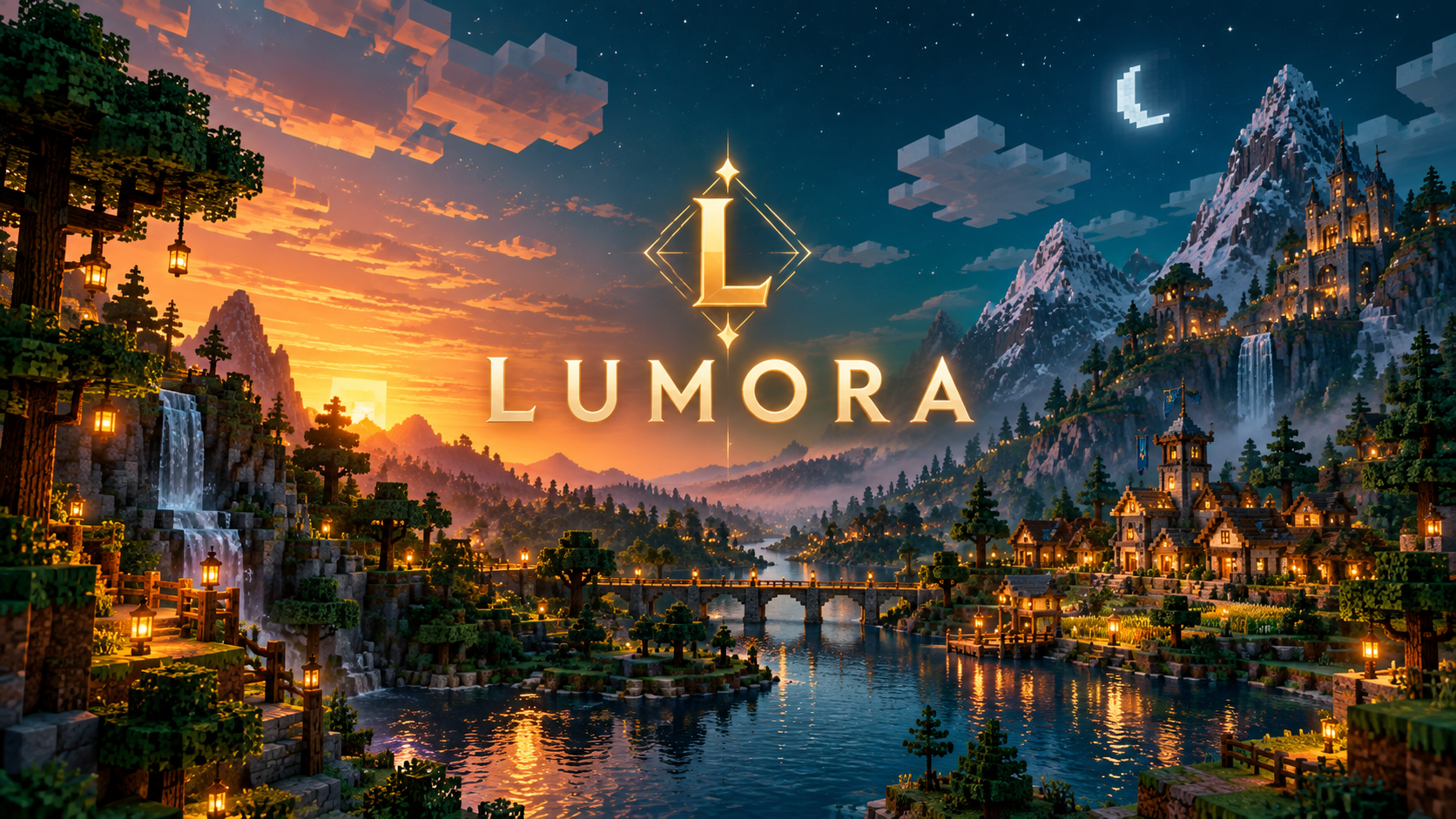 LUMORA-Banner mit goldener Schrift über einer Minecraft-Landschaft bei Sonnenuntergang und Nacht